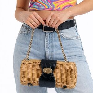 The Many Moods of Poppie Jones Vintage 90’s Wicker Purse Tan Black Faux Croc